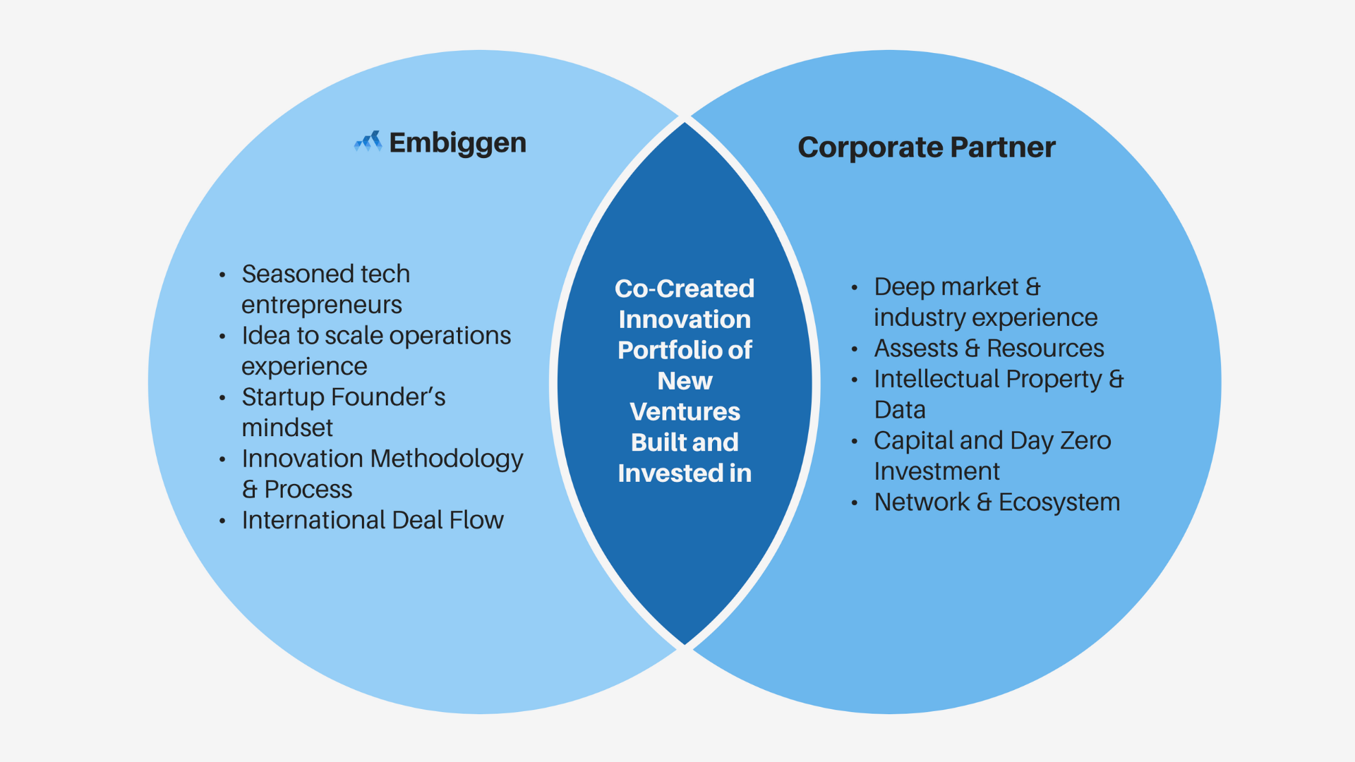 The Embiggen venture building partnership model.