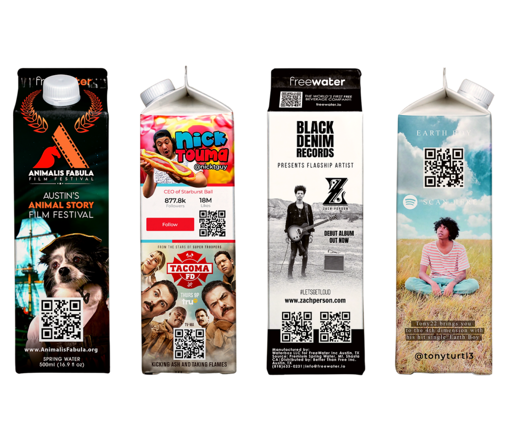 Sample ads on FreeWater water cartons. 
