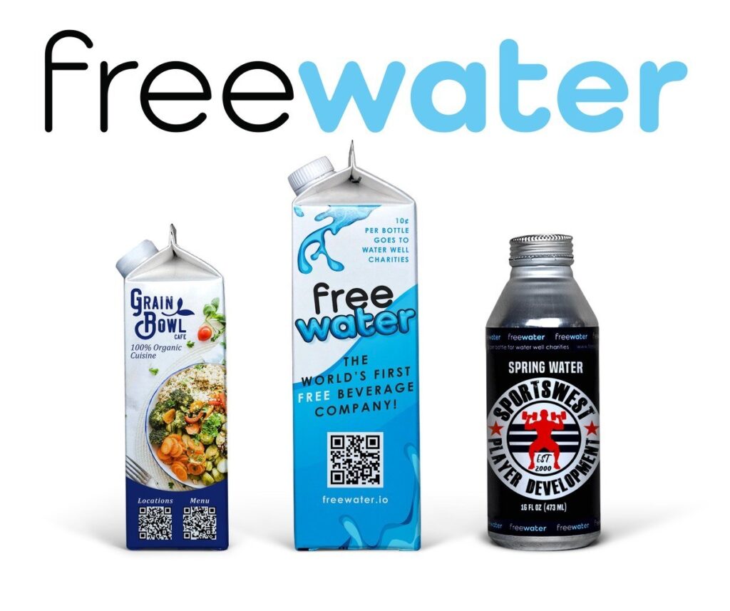Sample FreeWater water cartons and bottles.