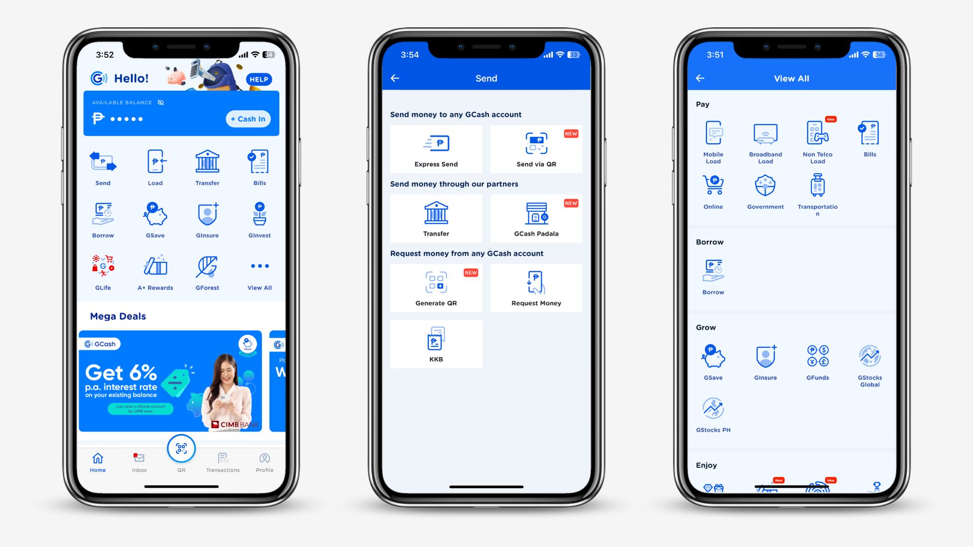 Screenshots of the GCash app showing the available products and services on the app.